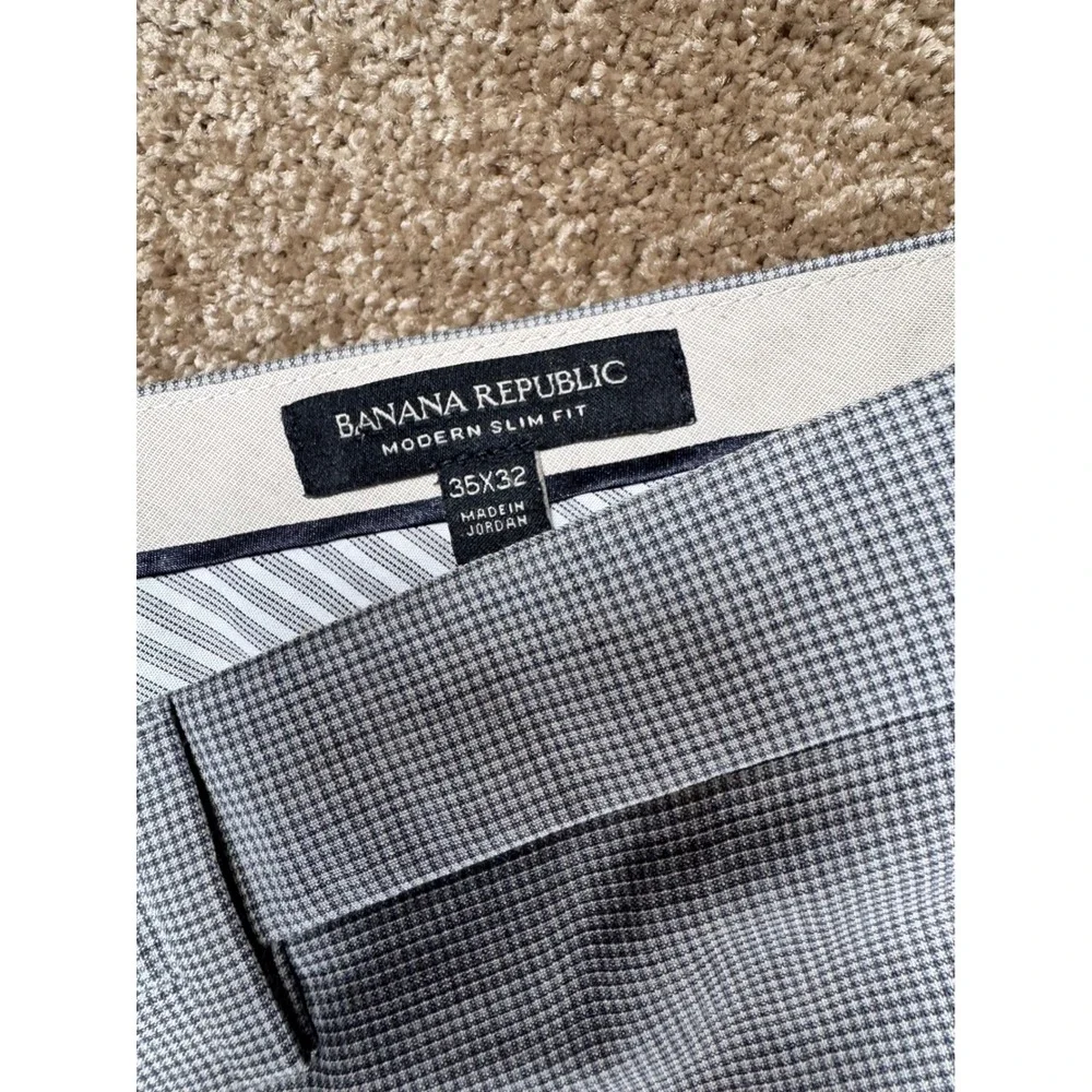 Banana Republic Mens 35x32 Modern Slim‎ Fit Grey Wool Micro Check Dress Pants